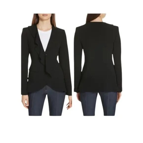 Cinq a Sept Lanier Ruffle Blazer Size 6 Black With Pockets Formal Luxury Jacket - Picture 2 of 11